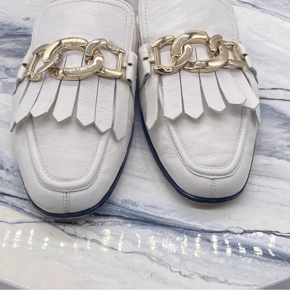 Zara Women’s Ecru White Leather Mule Sandals With Chain Size 39 - Picture 5 of 8